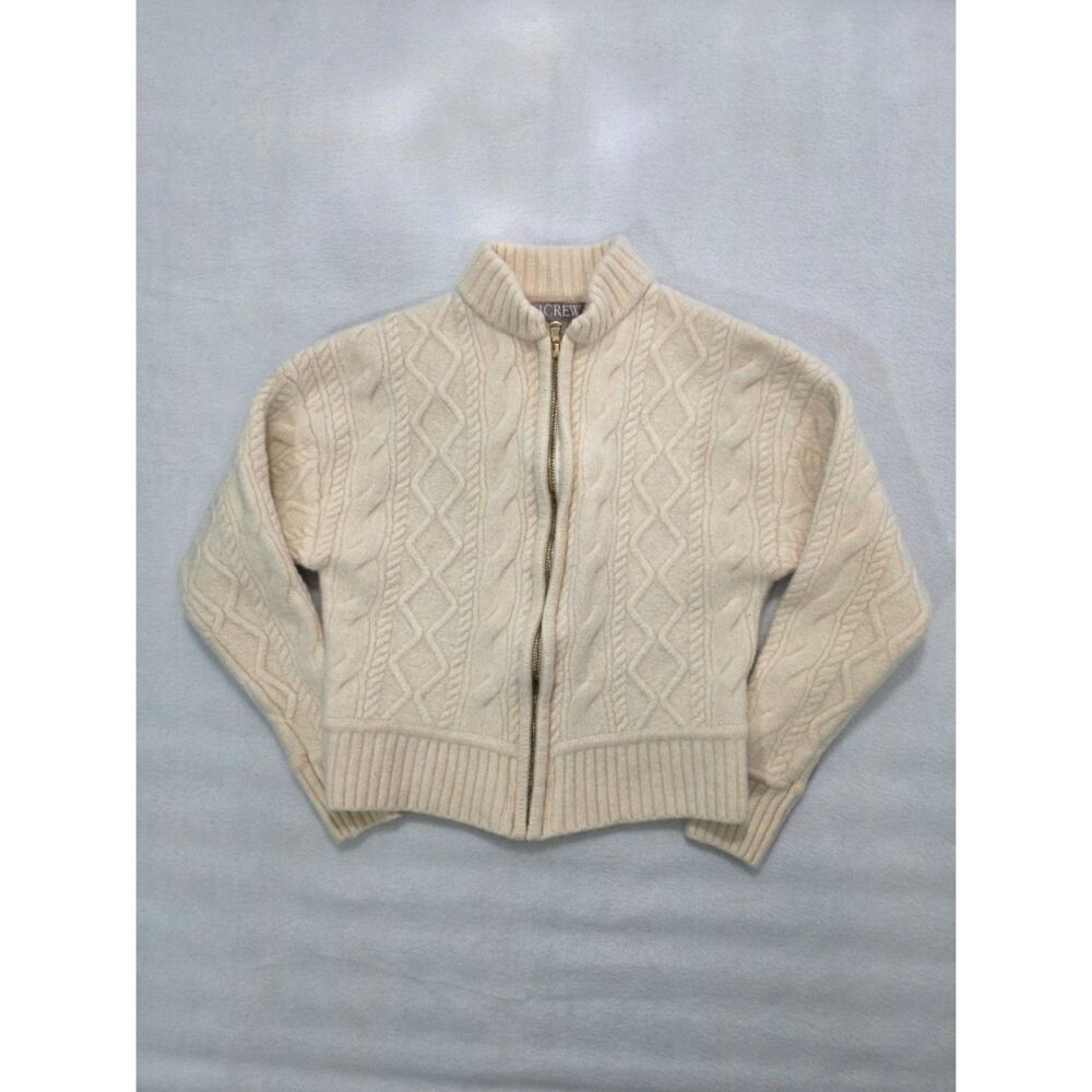 J.Crew Cream Merino Wool Cable Knit Full Zip Sweater Jacket Womens Small CR119